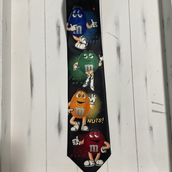Vintage Mars M&M’s With Glow Chocolate Candy Pieces Black Neck Tie 4” X 57” - Picture 1 of 6